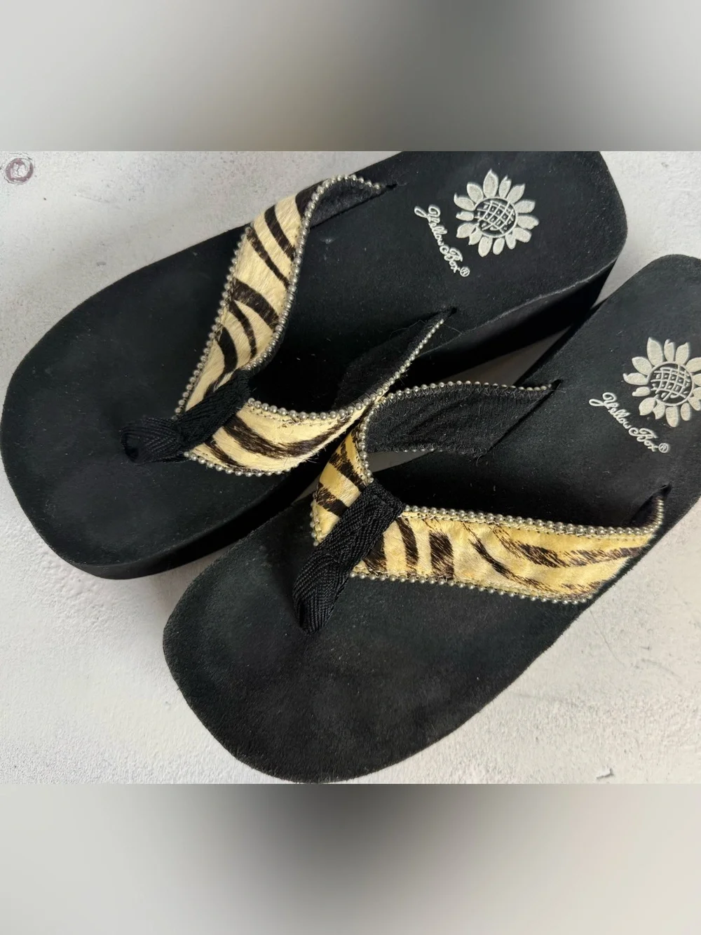 Yellow Box Black Platform Flip Flops with Tiger-Print Straps